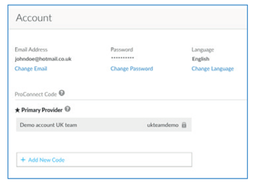 A screenshot demonstrating an example of a Glooko profile and ProConnect code.