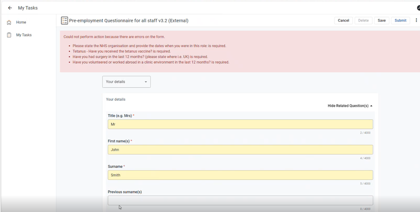 Example of fields that need correcting