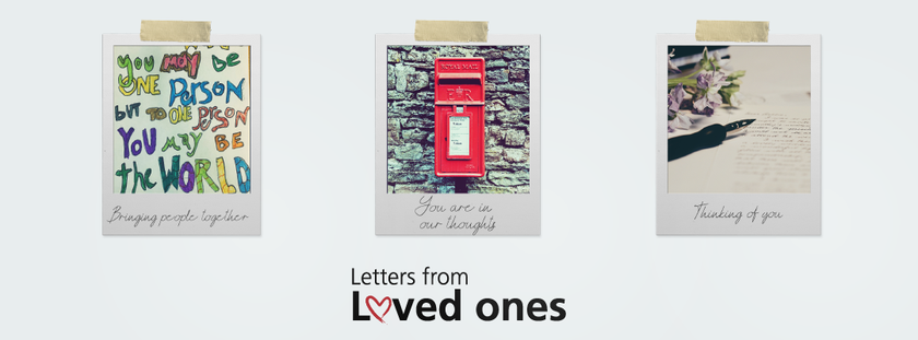 A banner of three polaroid style pictures consisting of a hand written letter, a red post box and a pen on the writing paper to promote the PALS service letters from loved ones.