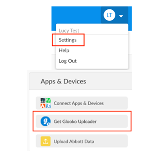 A screenshot of a Glooko profile, demonstrating how to access 'settings' and then 'Get Glooko Uploader' under 'Apps and devices'