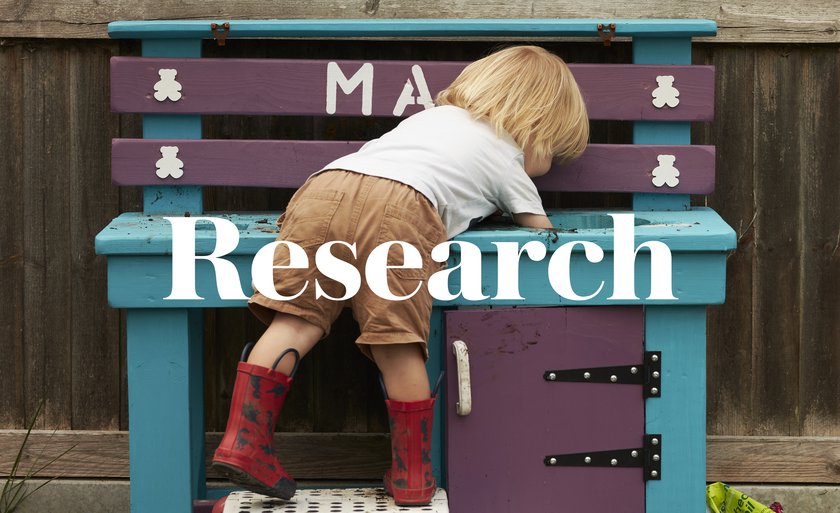 A subversive image showing a child peering into a toybox overlaid with the words Researchital Bed