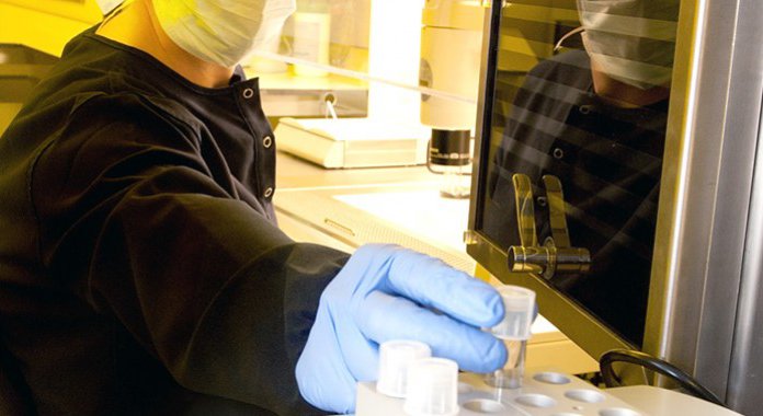 research at Cambridge IVF. Researcher with test tube.